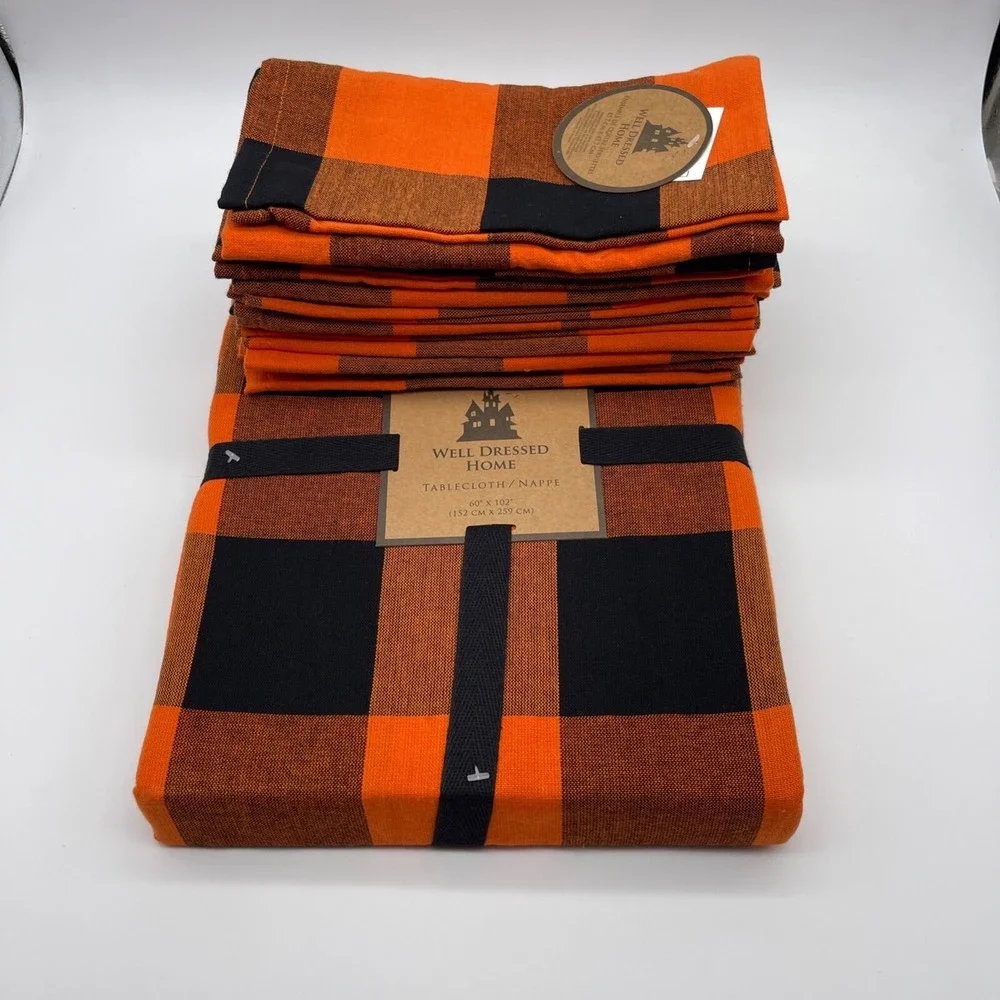 Well Dressed Home Fall Black & Orange‎ Plaid Tablecloth and 12 Napkins Set